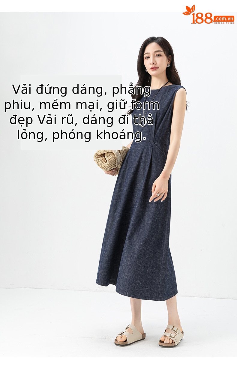 Váy liền denim không tay dáng dài thắt eo cổ điển — Xanh denim chi tiết 11