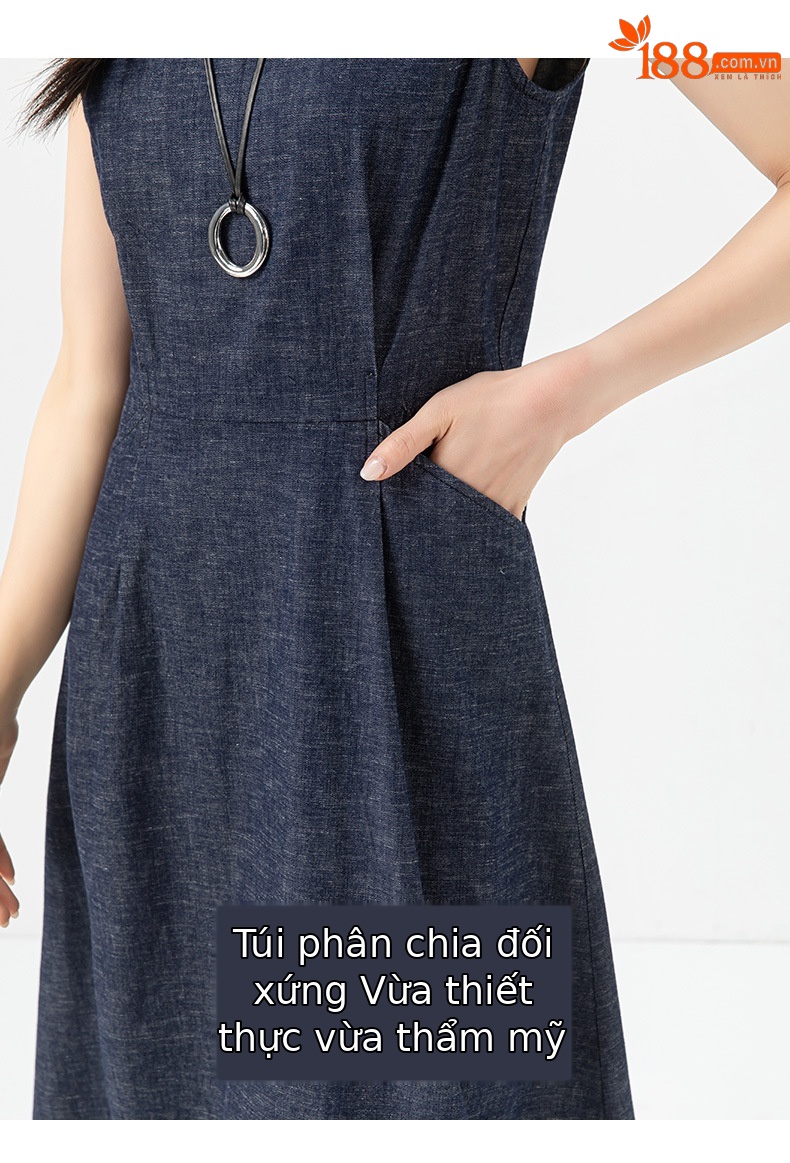 Váy liền denim không tay dáng dài thắt eo cổ điển — Xanh denim chi tiết 13