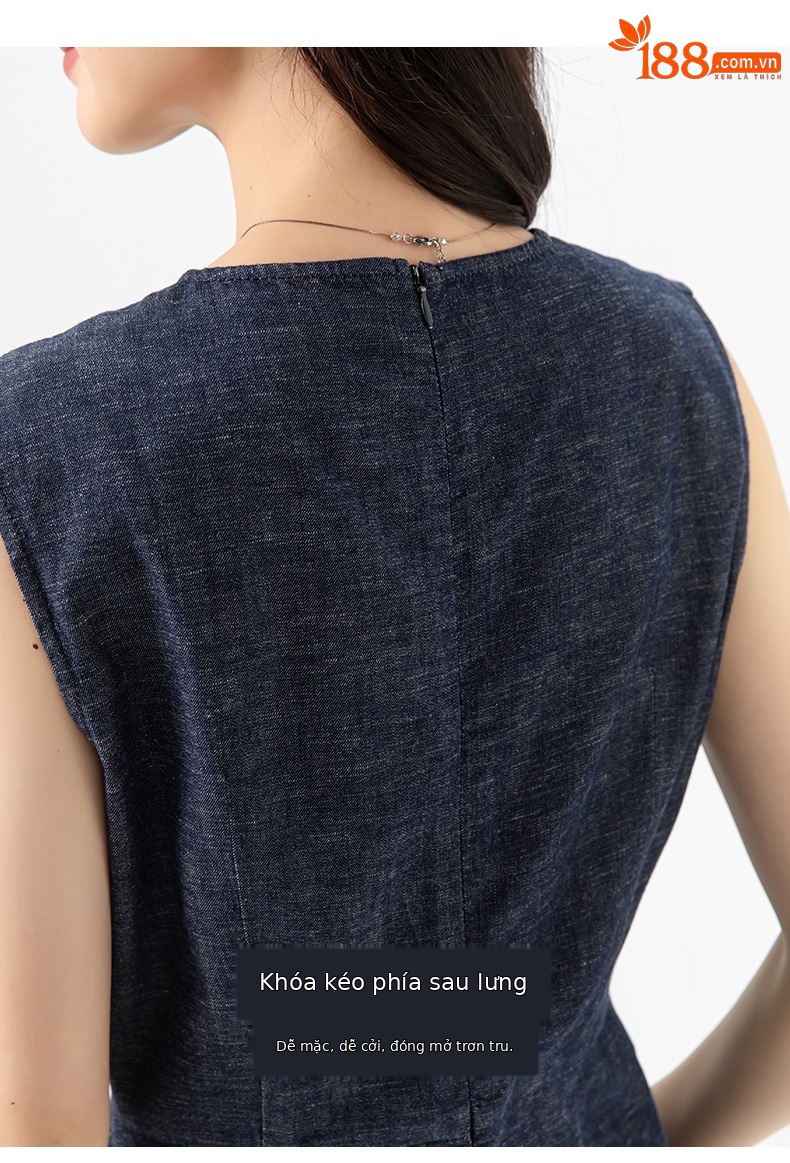 Váy liền denim không tay dáng dài thắt eo cổ điển — Xanh denim chi tiết 14