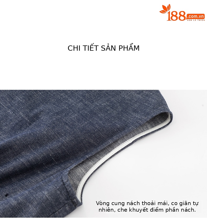 Váy liền denim không tay dáng dài thắt eo cổ điển — Xanh denim chi tiết 15