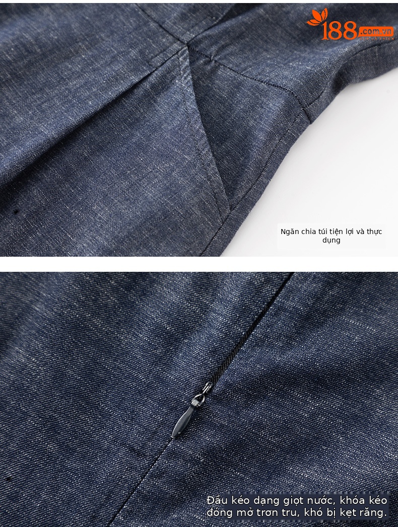 Váy liền denim không tay dáng dài thắt eo cổ điển — Xanh denim chi tiết 16