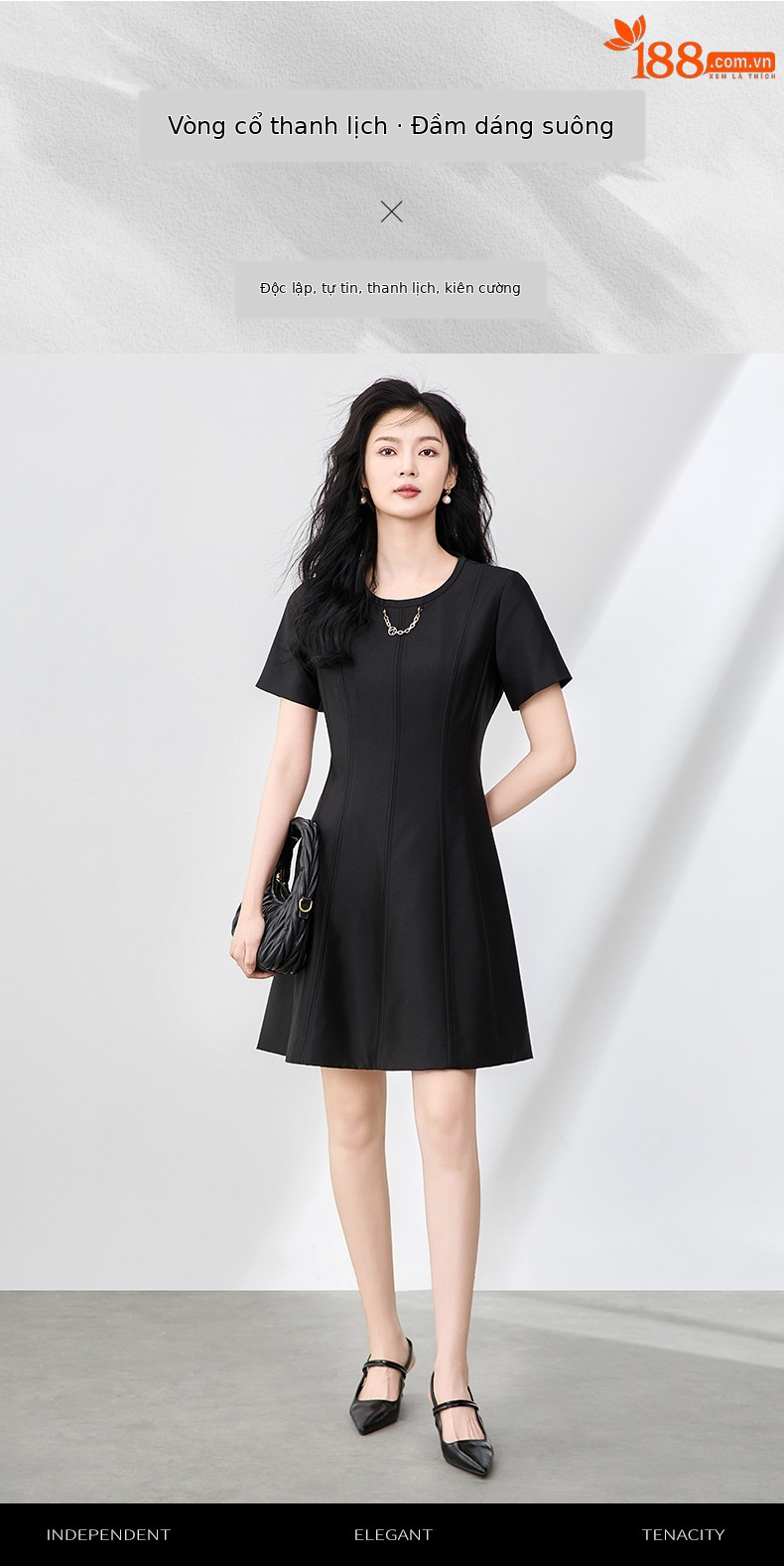 Váy cổ tròn tay ngắn suông midi thanh lịch đi làm — Màu đen chi tiết 1