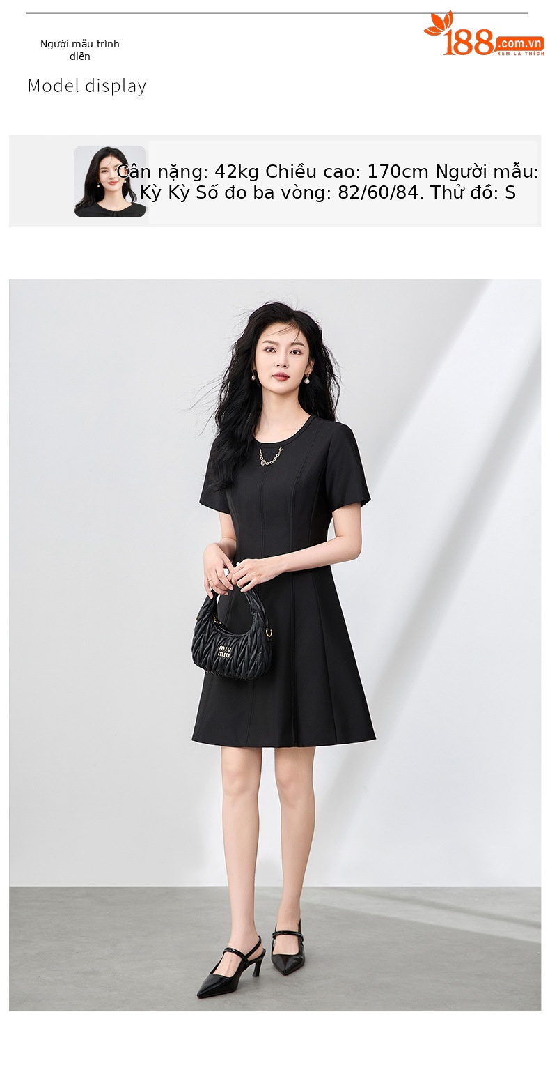 Váy cổ tròn tay ngắn suông midi thanh lịch đi làm — Màu đen chi tiết 6