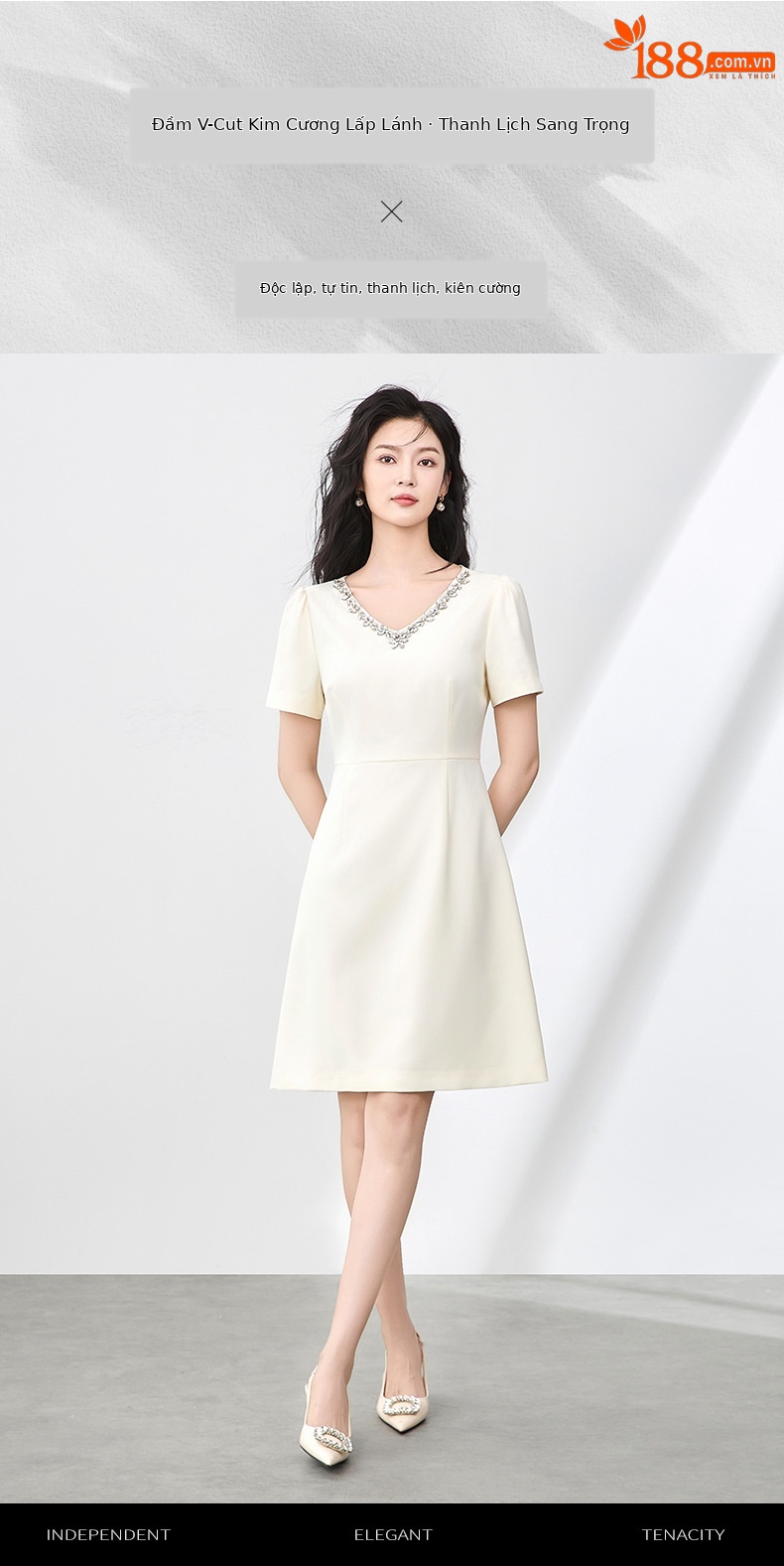 Váy liền thắt eo ngắn tay cổ chữ V đính kim cương kiểu Pháp chất lượng cao — Màu đen chi tiết 1