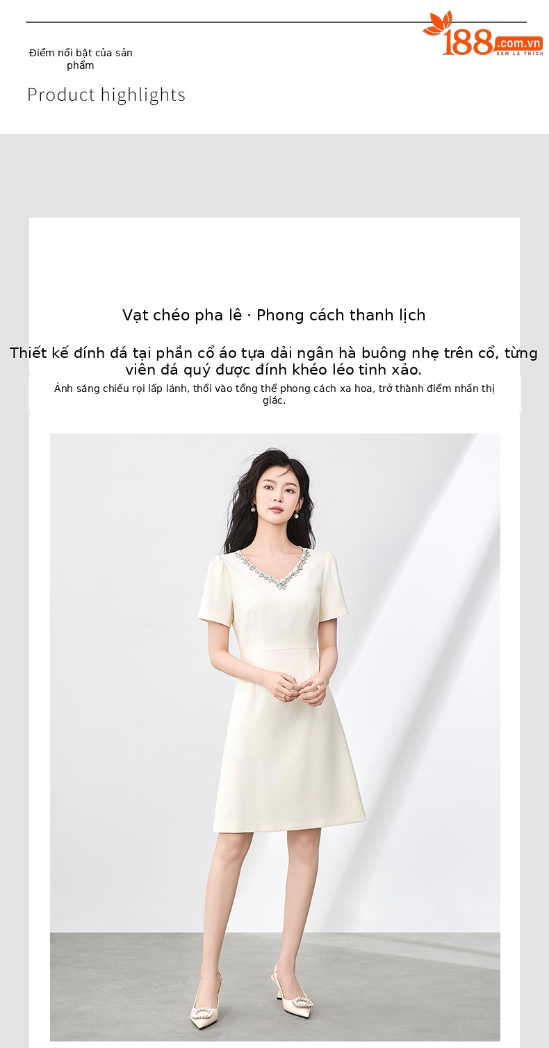 Váy liền thắt eo ngắn tay cổ chữ V đính kim cương kiểu Pháp chất lượng cao — Màu đen chi tiết 4