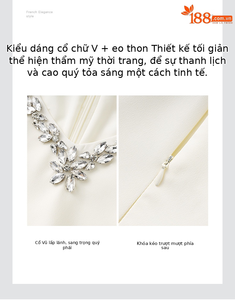 Váy liền thắt eo ngắn tay cổ chữ V đính kim cương kiểu Pháp chất lượng cao — Màu đen chi tiết 5