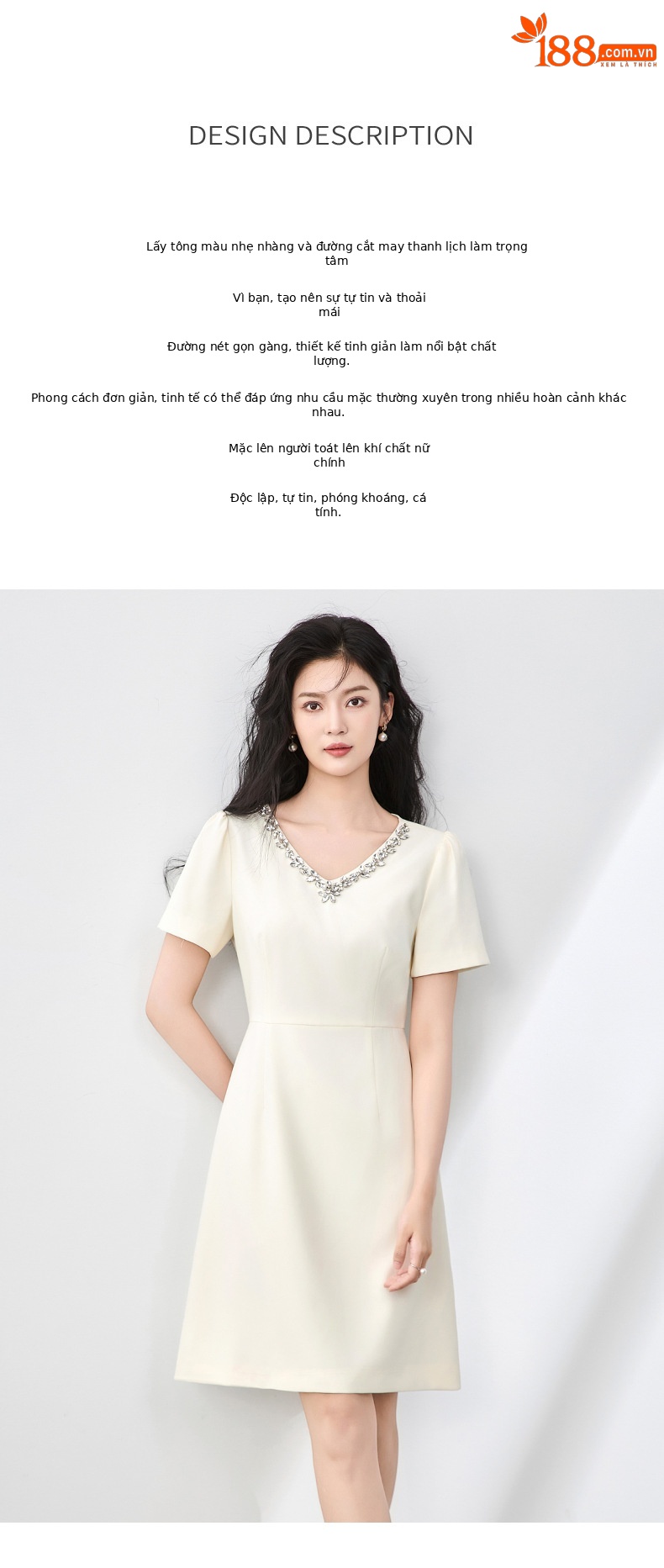 Váy liền thắt eo ngắn tay cổ chữ V đính kim cương kiểu Pháp chất lượng cao — Màu đen chi tiết 2