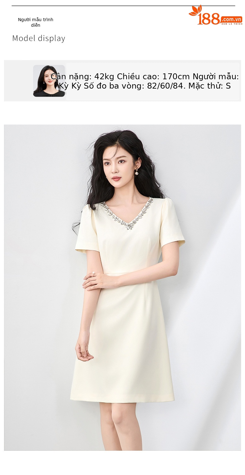 Váy liền thắt eo ngắn tay cổ chữ V đính kim cương kiểu Pháp chất lượng cao — Màu đen chi tiết 6