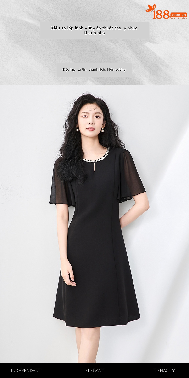 Váy liền tay lá sen đính kim cương cổ tròn thiết kế sang trọng ôm dáng — Màu đen chi tiết 1