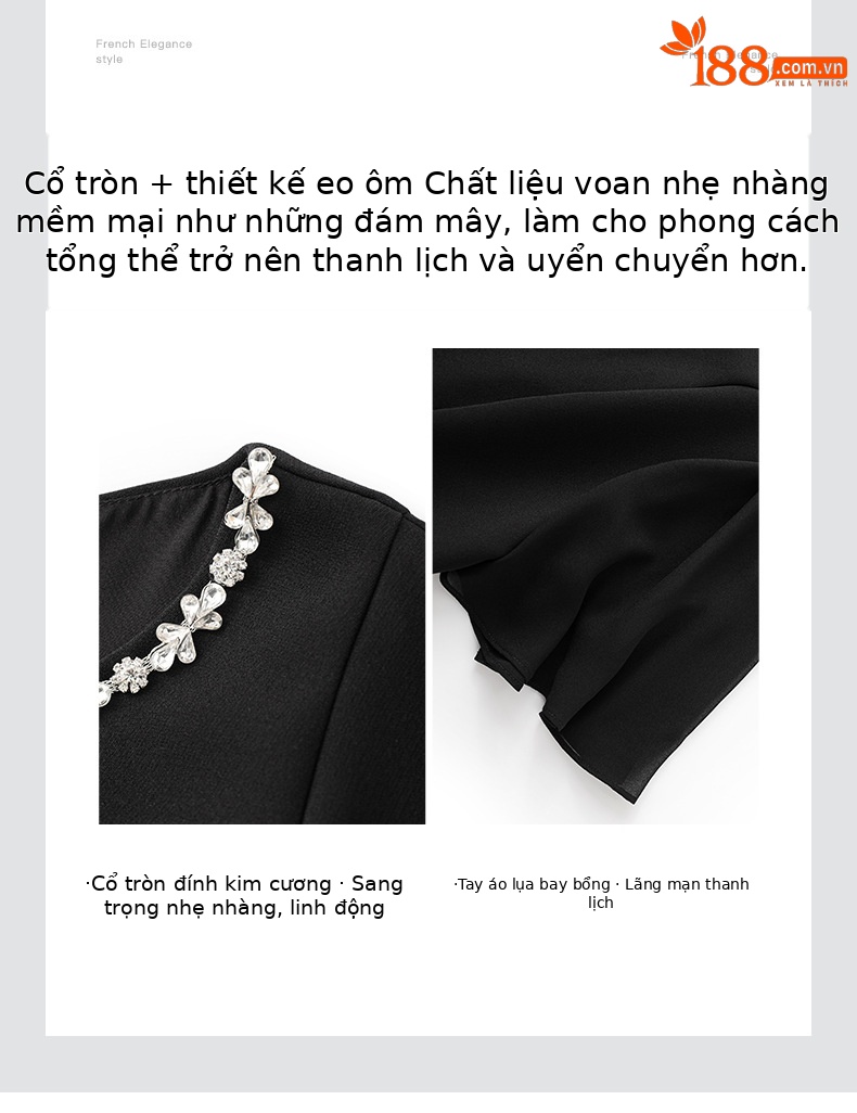 Váy liền tay lá sen đính kim cương cổ tròn thiết kế sang trọng ôm dáng — Màu đen chi tiết 5