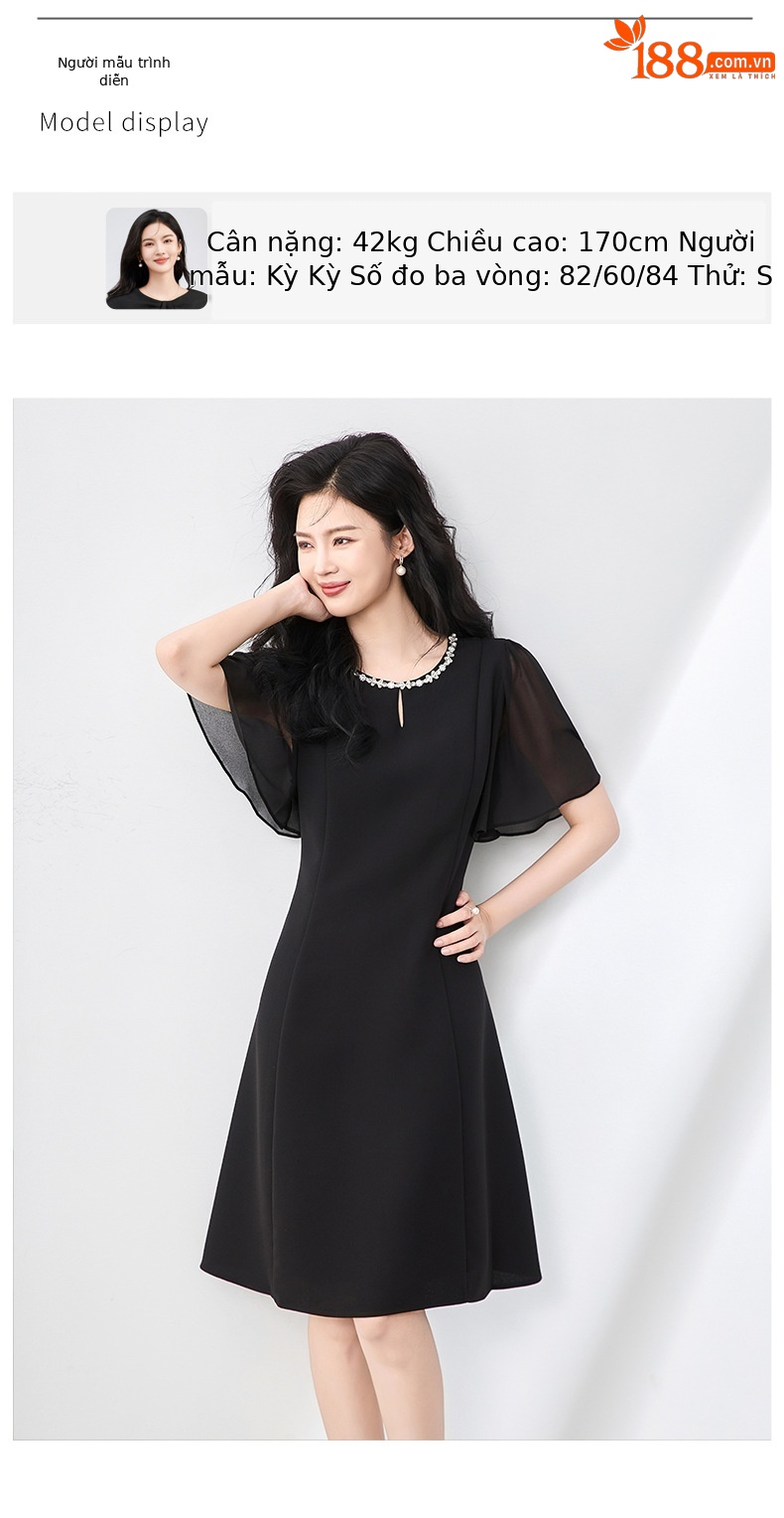Váy liền tay lá sen đính kim cương cổ tròn thiết kế sang trọng ôm dáng — Màu đen chi tiết 6