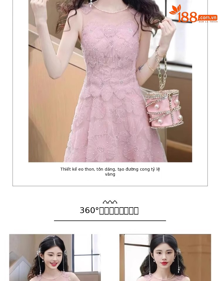 Váy maxi nữ thắt eo cổ chữ U không tay dáng chữ A — màu hồng chi tiết 2
