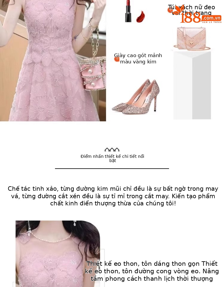 Váy maxi nữ thắt eo cổ chữ U không tay dáng chữ A — màu hồng chi tiết 3