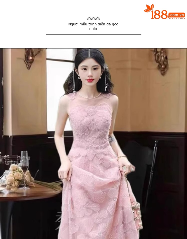 Váy maxi nữ thắt eo cổ chữ U không tay dáng chữ A — màu hồng chi tiết 4