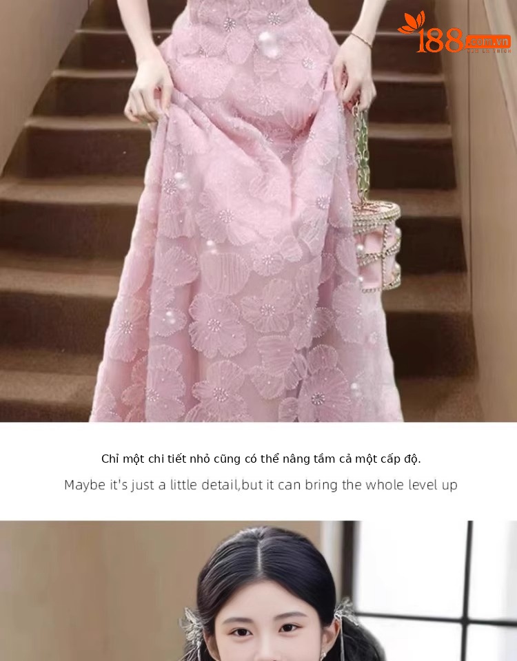 Váy maxi nữ thắt eo cổ chữ U không tay dáng chữ A — màu hồng chi tiết 5