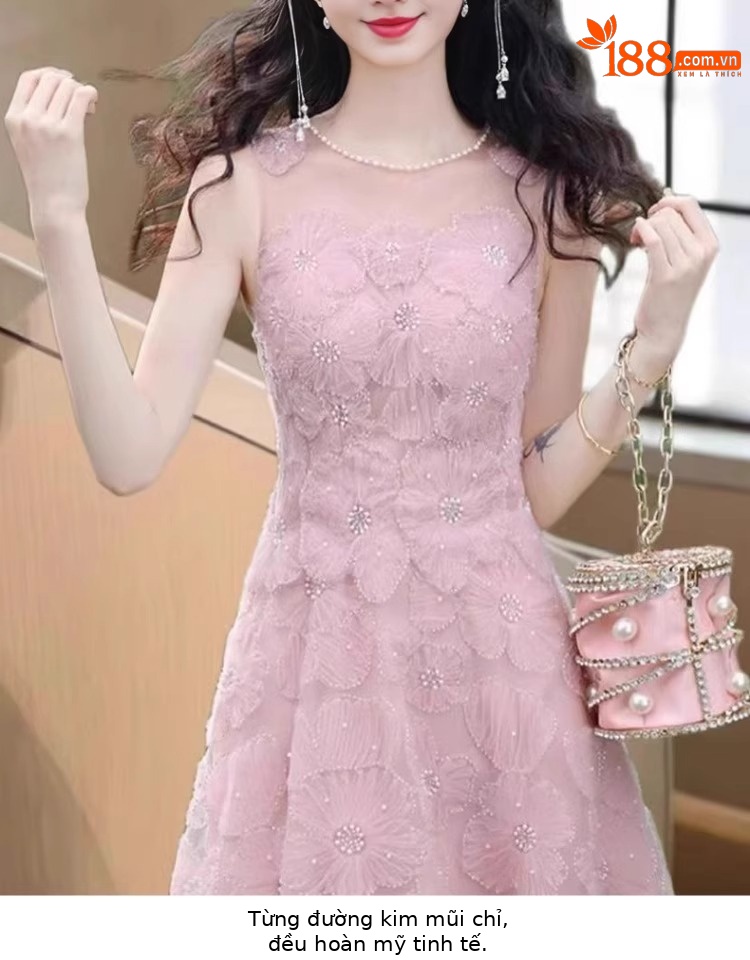 Váy maxi nữ thắt eo cổ chữ U không tay dáng chữ A — màu hồng chi tiết 6