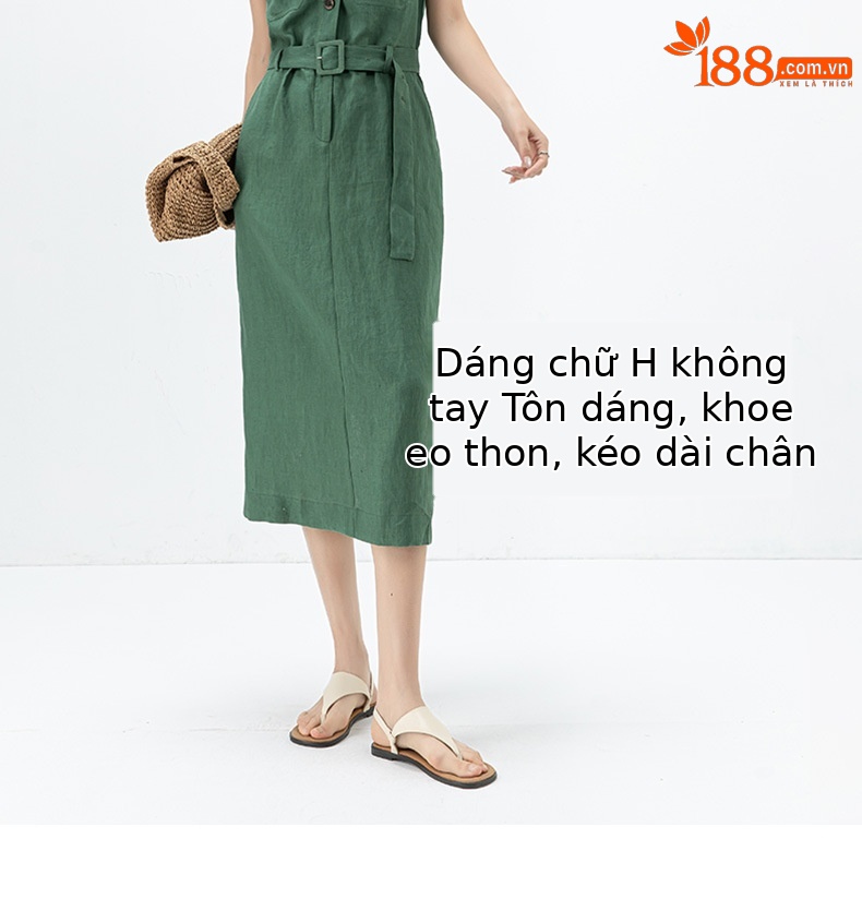 Đầm maxi nữ thắt eo cổ chữ V vải lanh kiểu Pháp — Màu đen chi tiết 9