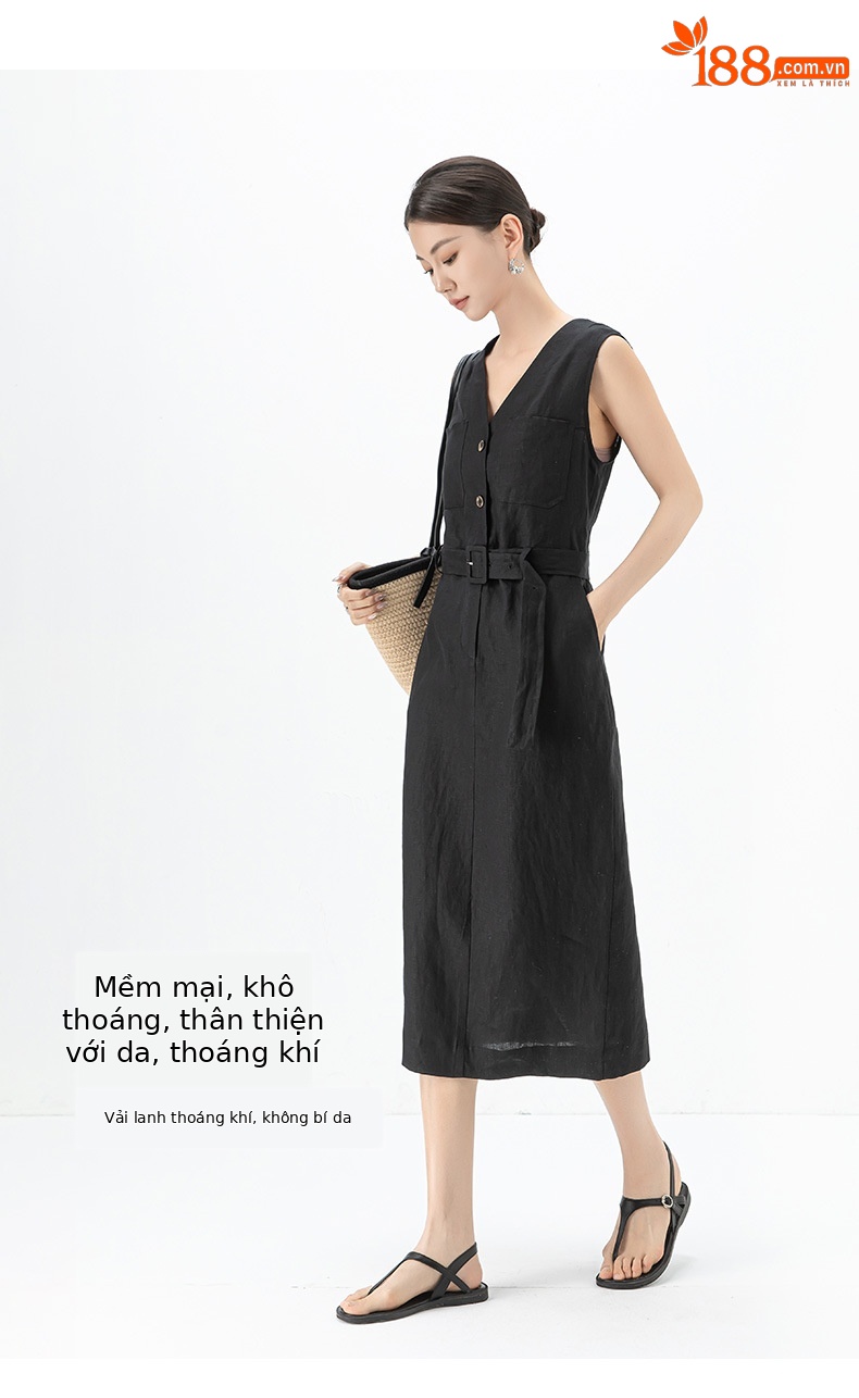 Đầm maxi nữ thắt eo cổ chữ V vải lanh kiểu Pháp — Màu đen chi tiết 11