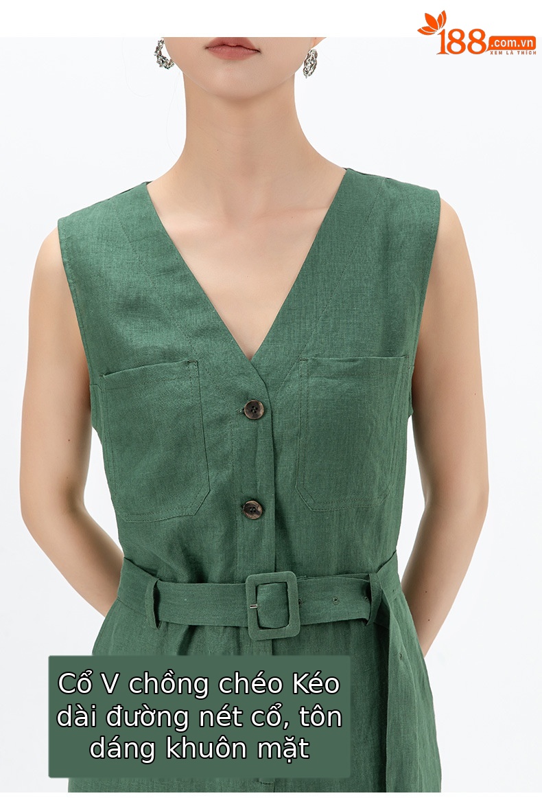 Đầm maxi nữ thắt eo cổ chữ V vải lanh kiểu Pháp — Màu đen chi tiết 12