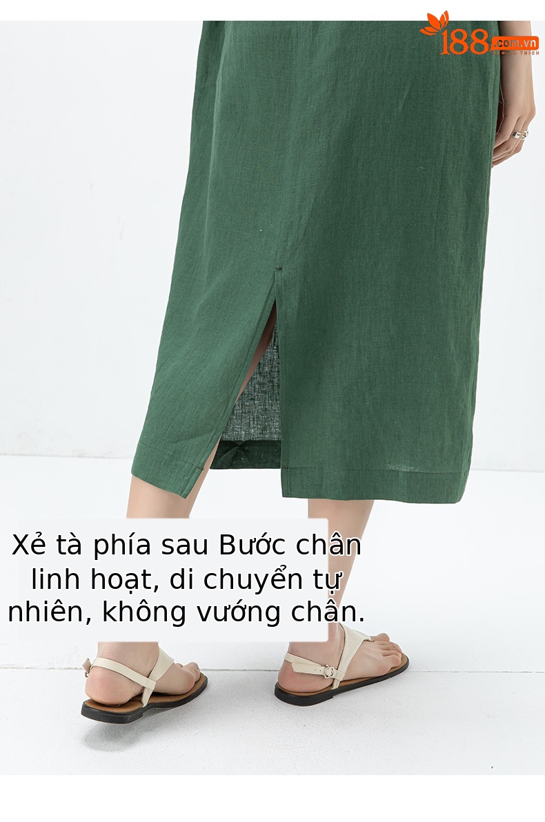 Đầm maxi nữ thắt eo cổ chữ V vải lanh kiểu Pháp — Màu đen chi tiết 14