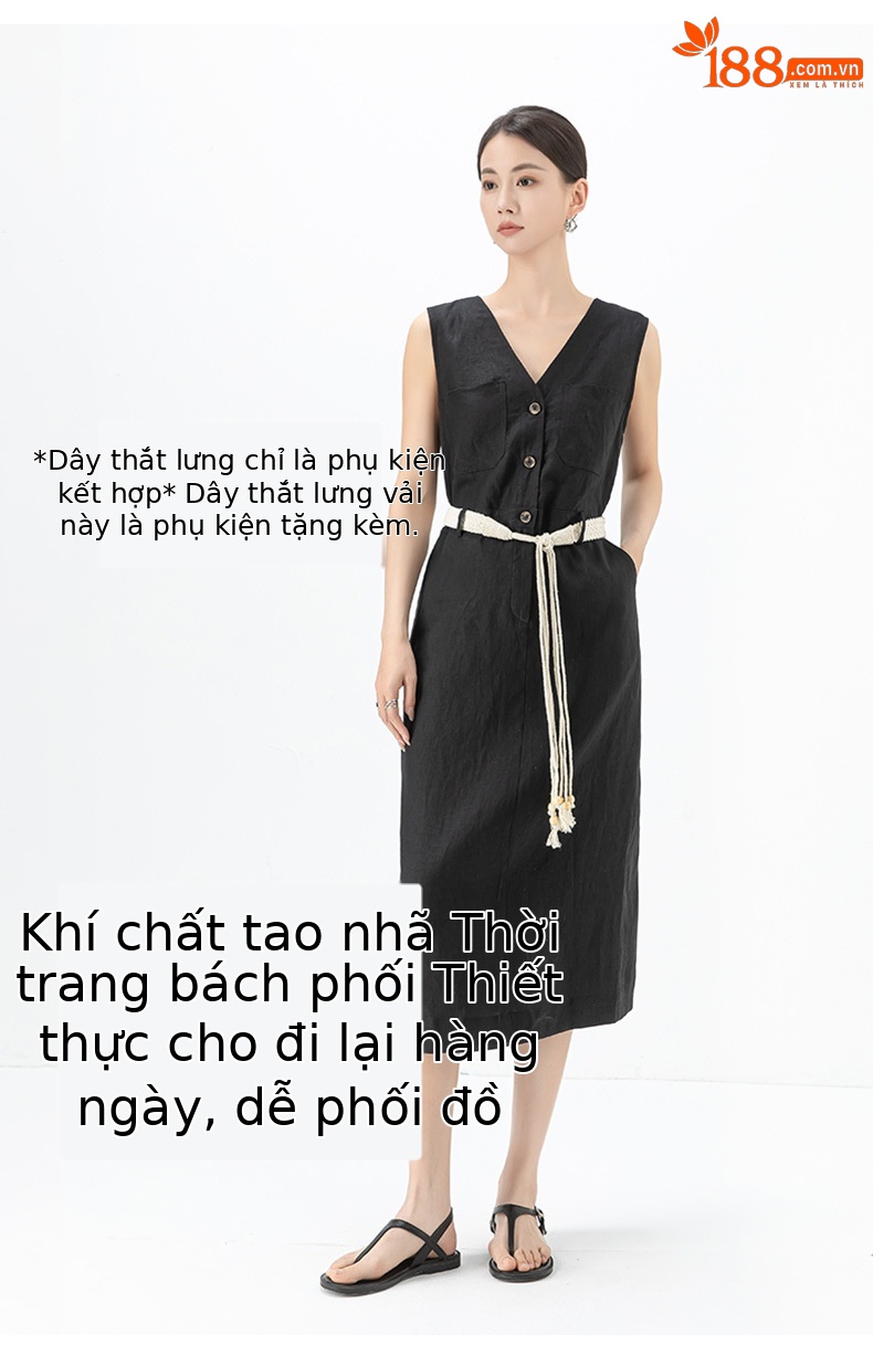 Đầm maxi nữ thắt eo cổ chữ V vải lanh kiểu Pháp — Màu đen chi tiết 15