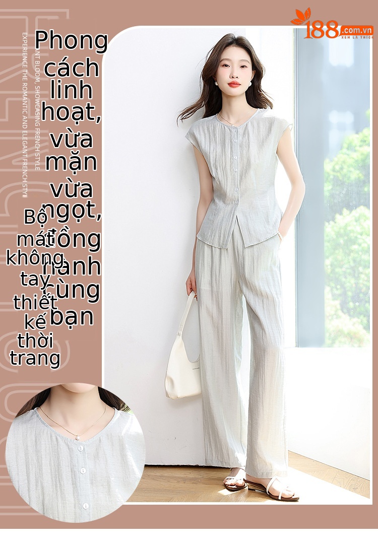Bộ đồ hai mảnh nữ cổ tròn không tay quần dài phong cách thư giãn mùa hè 2025 OU8397 — Màu như hình chi tiết 1