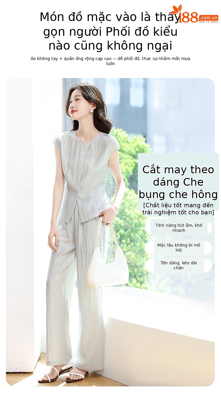 Bộ đồ hai mảnh nữ cổ tròn không tay quần dài phong cách thư giãn mùa hè 2025 OU8397 — Màu như hình chi tiết 2