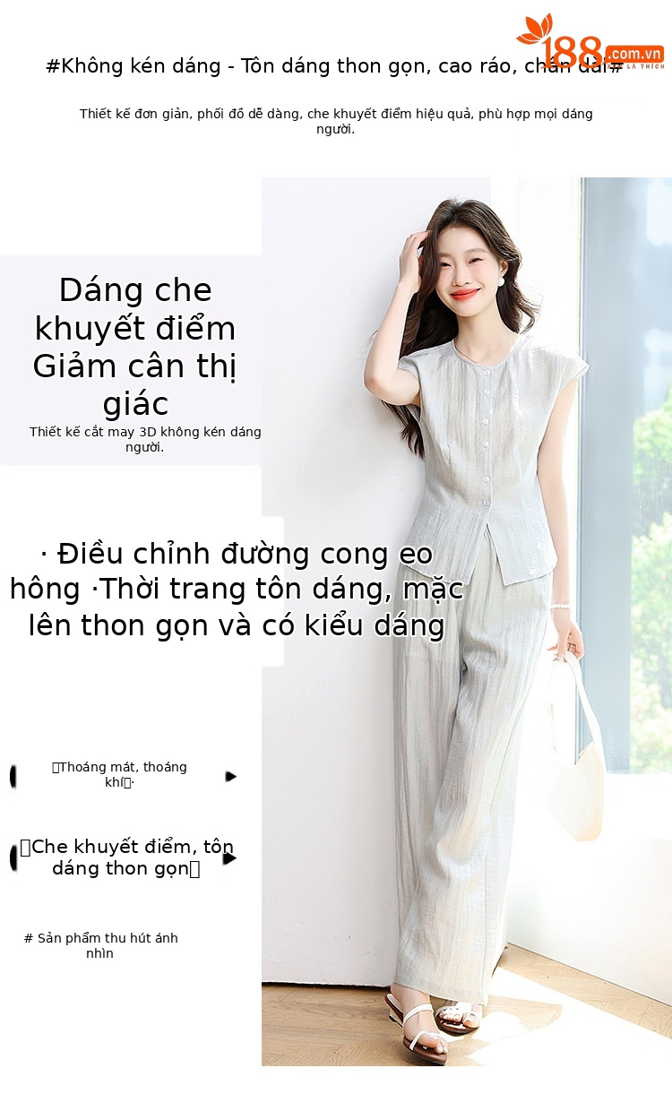 Bộ đồ hai mảnh nữ cổ tròn không tay quần dài phong cách thư giãn mùa hè 2025 OU8397 — Màu như hình chi tiết 3