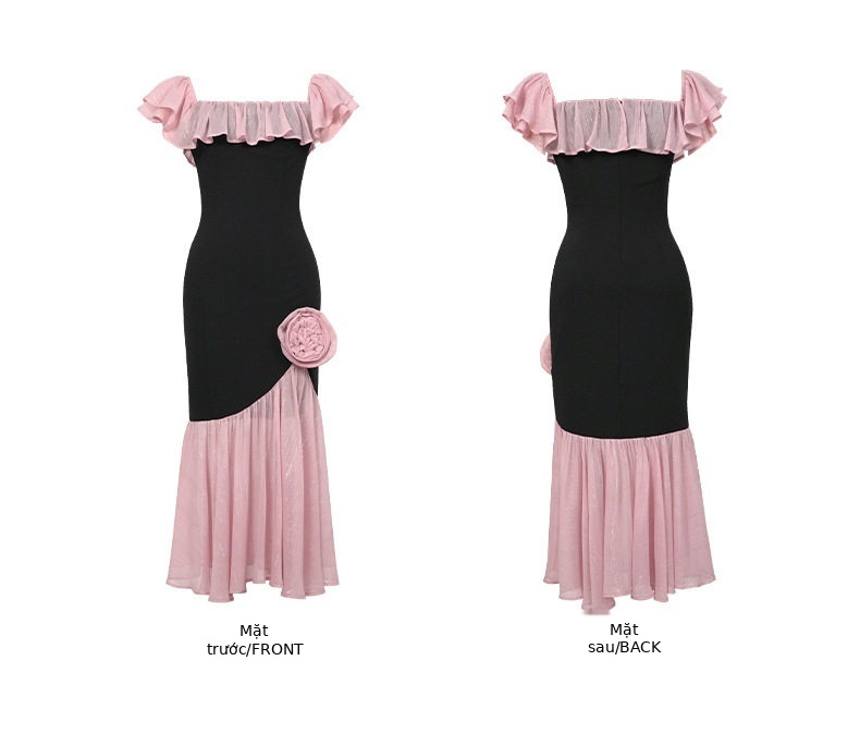 Đầm maxi nữ cổ vuông ôm eo phối ren đuôi cá — [Đen] chi tiết 4