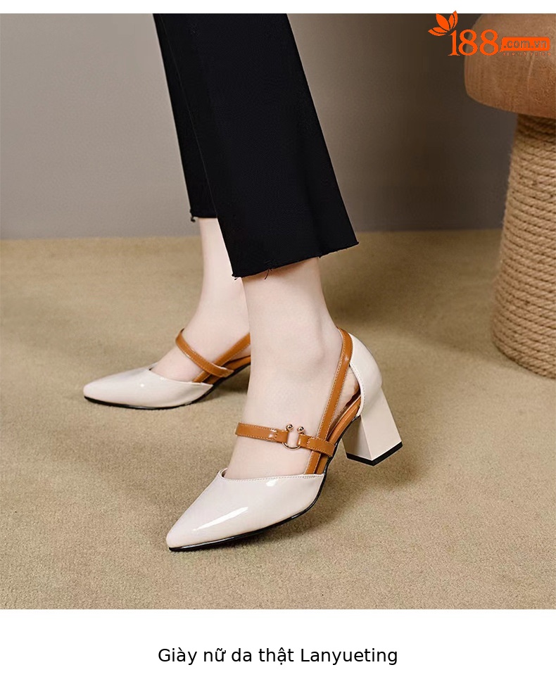 Sandal nữ cao gót đế thô mũi kín quai ngang da thật — Màu trà sữa chi tiết 5