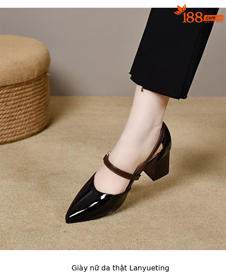 Sandal nữ cao gót đế thô mũi kín quai ngang da thật — Màu trà sữa chi tiết 7