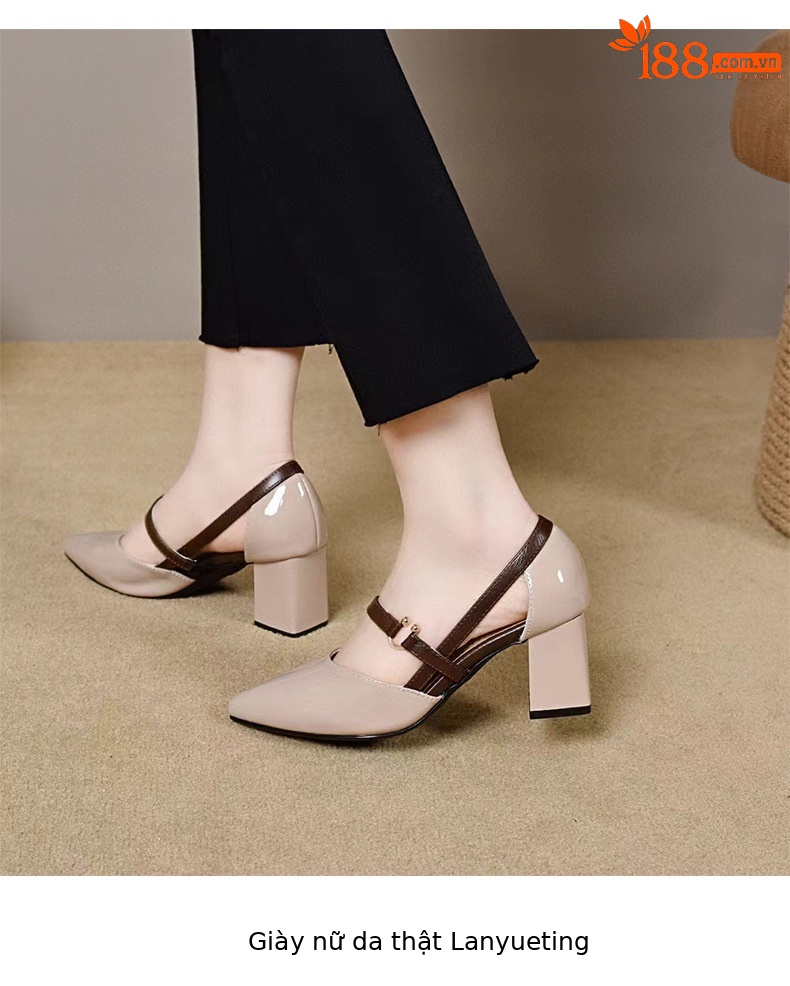 Sandal nữ cao gót đế thô mũi kín quai ngang da thật — Màu trà sữa chi tiết 8