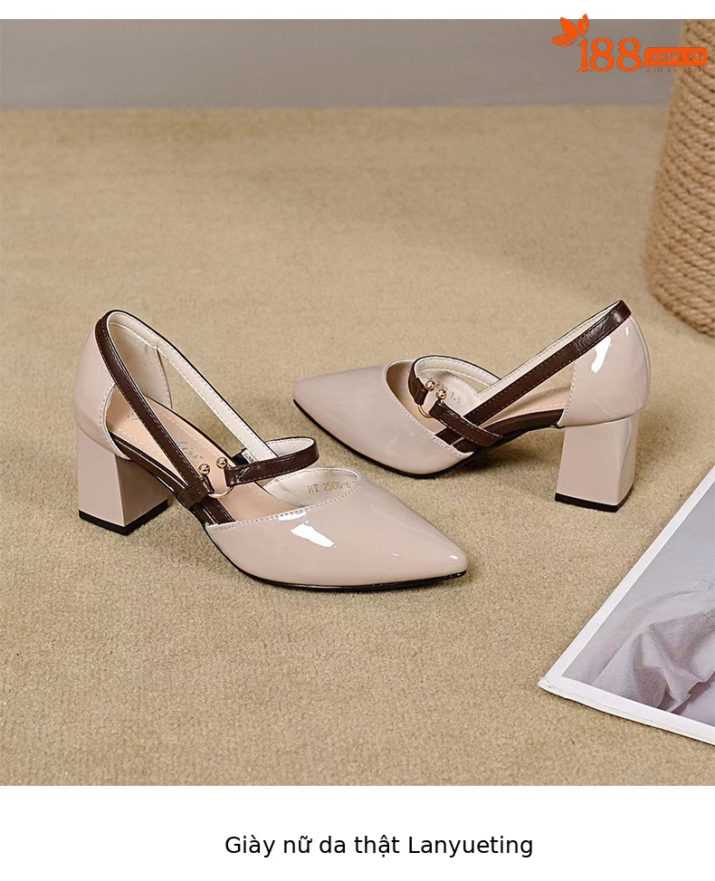 Sandal nữ cao gót đế thô mũi kín quai ngang da thật — Màu trà sữa chi tiết 9