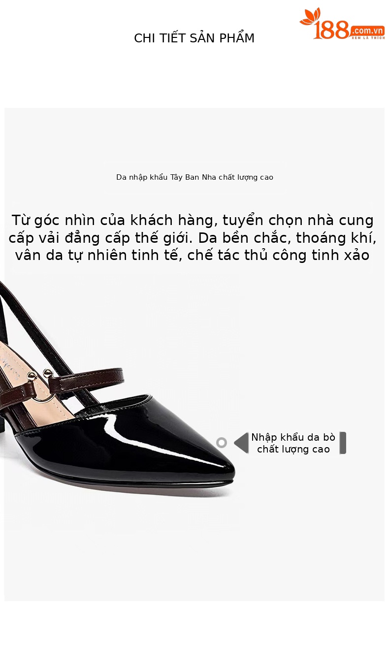 Sandal nữ cao gót đế thô mũi kín quai ngang da thật — Màu trà sữa chi tiết 2