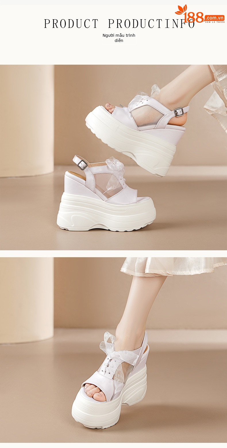 Sandal La Mã nữ đế dày da thật gót 14 cm hở mũi dây buộc — trắng chi tiết 2