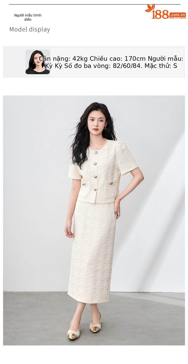 Set áo ngắn tay phong cách hương thơm nhỏ kết hợp chân váy ôm hông nữ mùa hè — mơ chi tiết 6