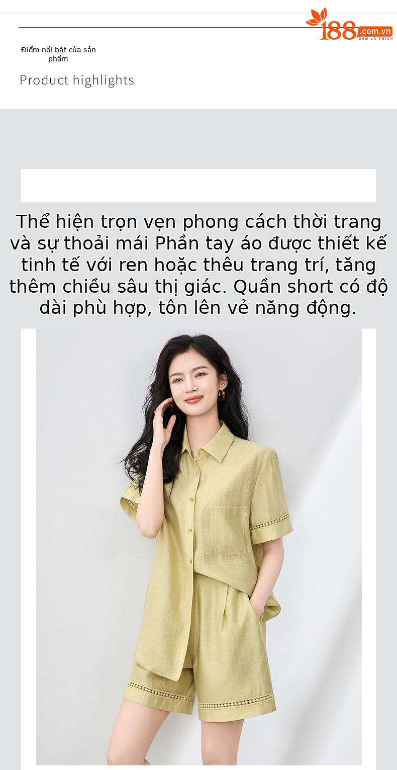 Áo sơ mi khoác pha vải lanh Tencel tay dài + quần short rộng thùng thình bộ hai mảnh mùa hè — Màu trắng chi tiết 4