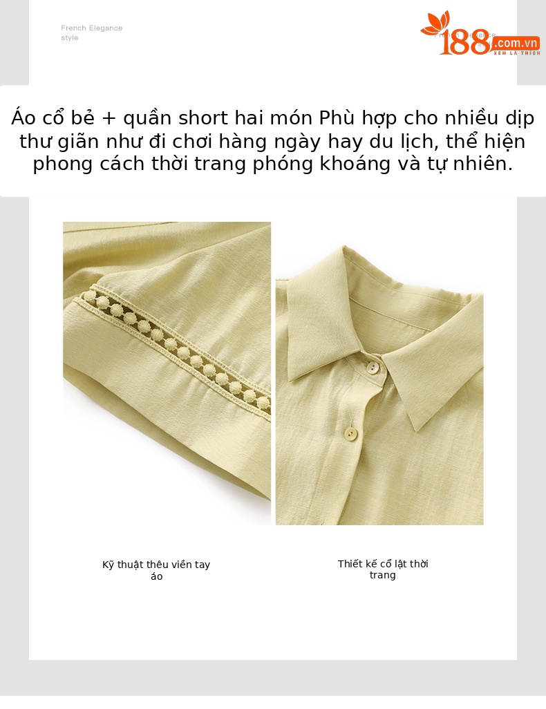 Áo sơ mi khoác pha vải lanh Tencel tay dài + quần short rộng thùng thình bộ hai mảnh mùa hè — Màu trắng chi tiết 5