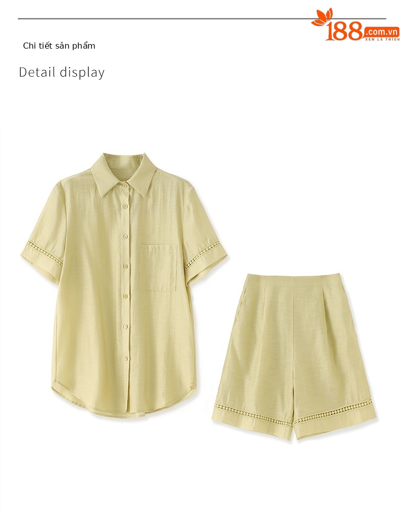 Áo sơ mi khoác pha vải lanh Tencel tay dài + quần short rộng thùng thình bộ hai mảnh mùa hè — Màu trắng chi tiết 15