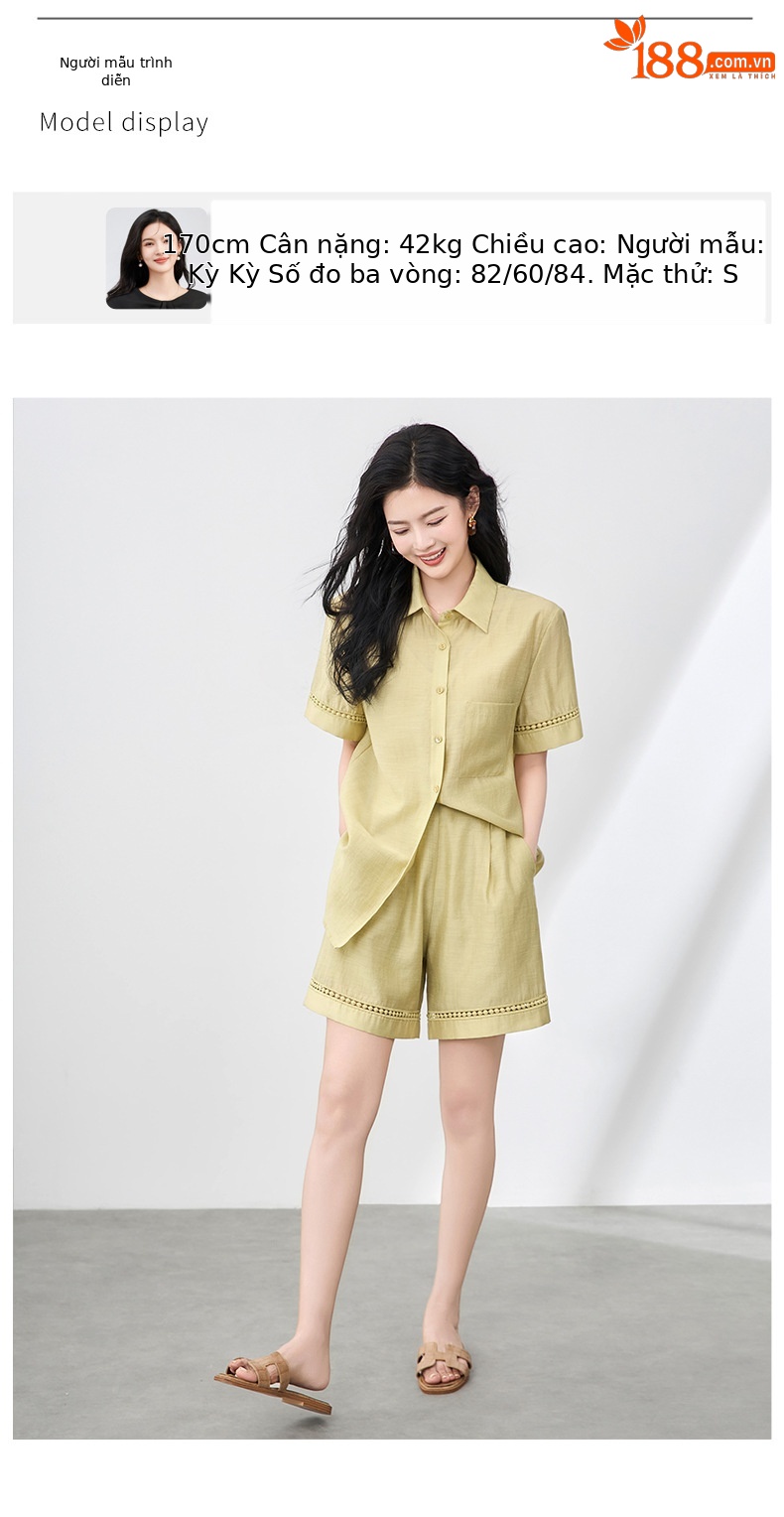 Áo sơ mi khoác pha vải lanh Tencel tay dài + quần short rộng thùng thình bộ hai mảnh mùa hè — Màu trắng chi tiết 6