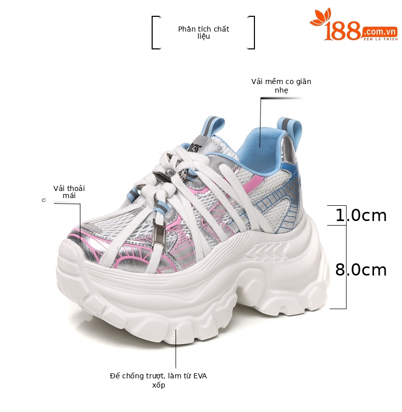 Giày sneaker nữ đế dày lưới thoáng khí phong cách bánh xốp — Màu hồng xanh lam chi tiết 3