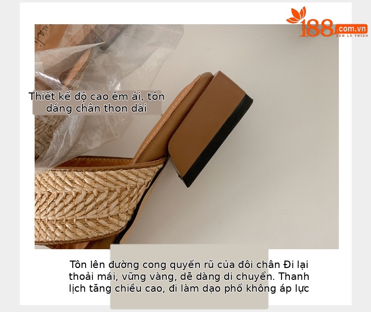 Dép cói mùa hè quai ngang mũi vuông gót dày kim loại — Màu trắng nhạt, mơ chi tiết 5