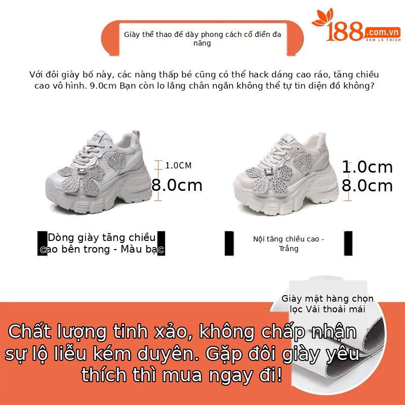 Giày sneaker chunky đế dày tăng chiều cao đính đá cho nữ — Màu trắng