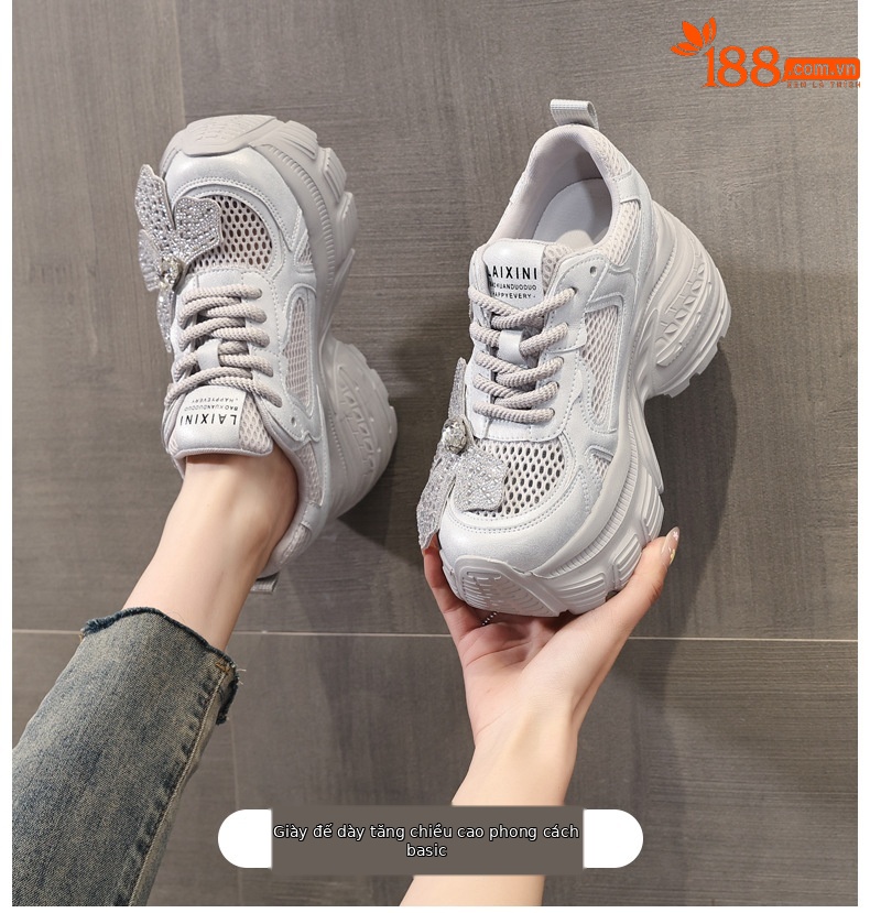 Giày sneaker chunky đế dày tăng chiều cao đính đá cho nữ — Màu trắng chi tiết 1
