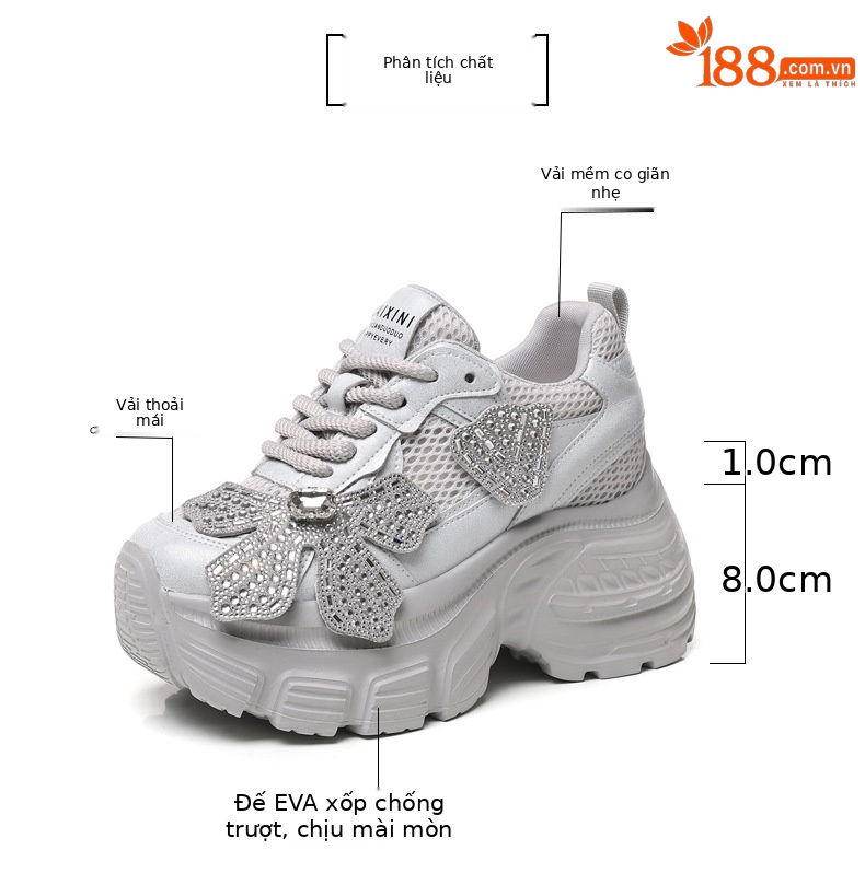 Giày sneaker chunky đế dày tăng chiều cao đính đá cho nữ — Màu trắng chi tiết 3
