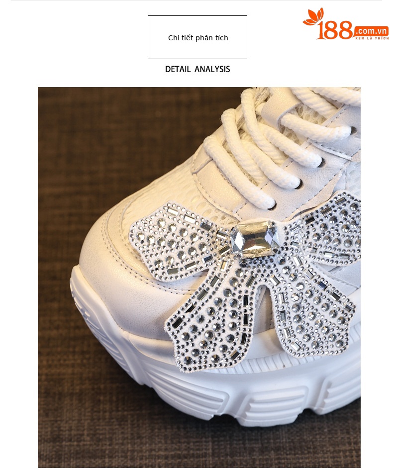 Giày sneaker chunky đế dày tăng chiều cao đính đá cho nữ — Màu trắng chi tiết 7