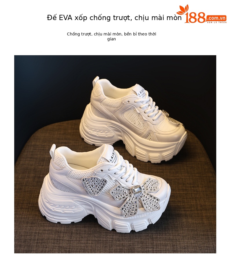Giày sneaker chunky đế dày tăng chiều cao đính đá cho nữ — Màu trắng chi tiết 10