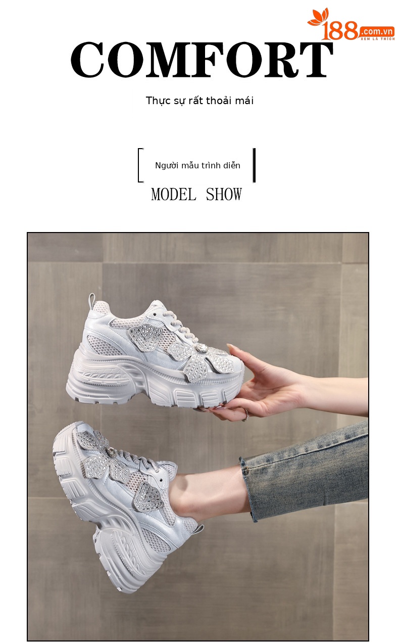 Giày sneaker chunky đế dày tăng chiều cao đính đá cho nữ — Màu trắng chi tiết 11