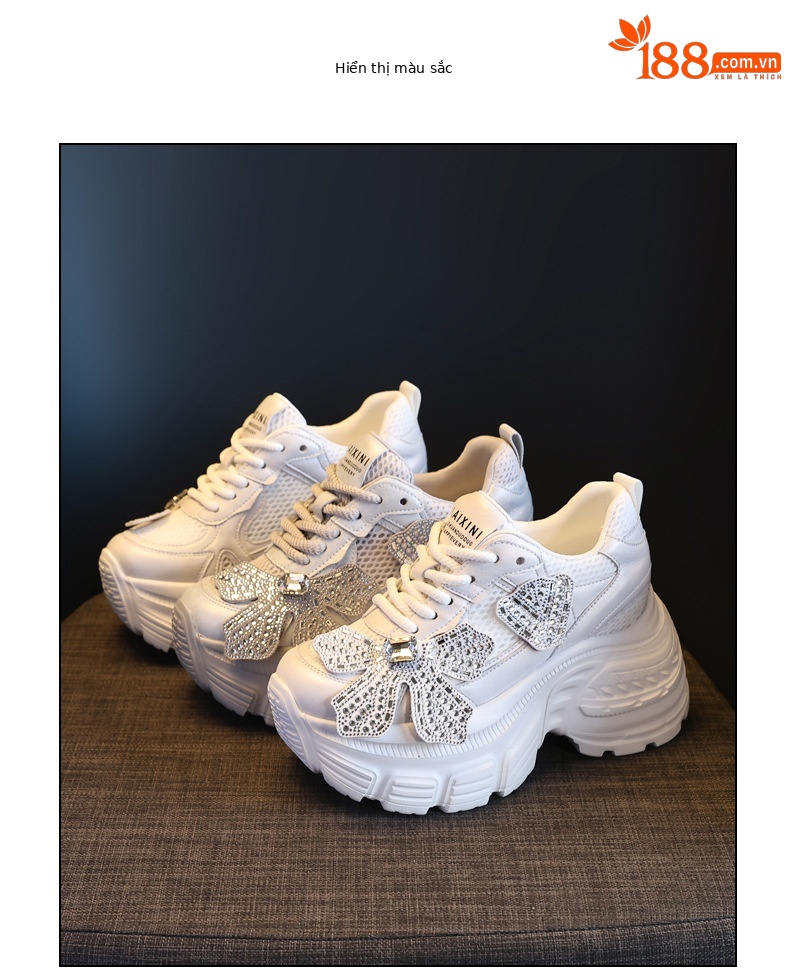 Giày sneaker chunky đế dày tăng chiều cao đính đá cho nữ — Màu trắng chi tiết 18