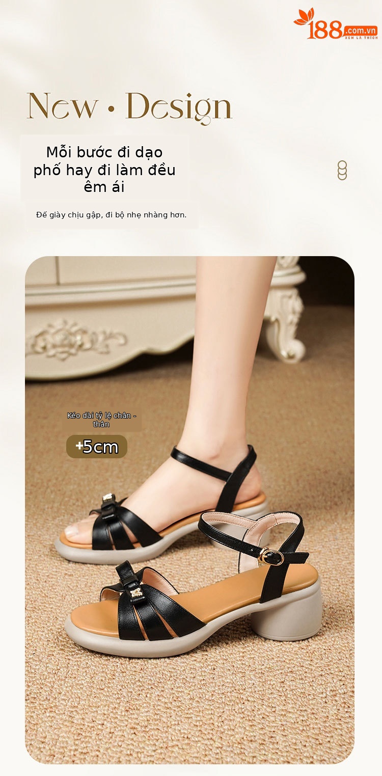 Sandal quai ngang đế dày da thật, giày nữ phối màu mùa hè, đế mềm gót thô — Màu đen chi tiết 2